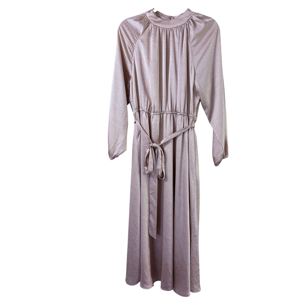 LOFT Polka Dot Midi Dress Womens 12 Beige Satin Long Sleeve Mock Neck Belted